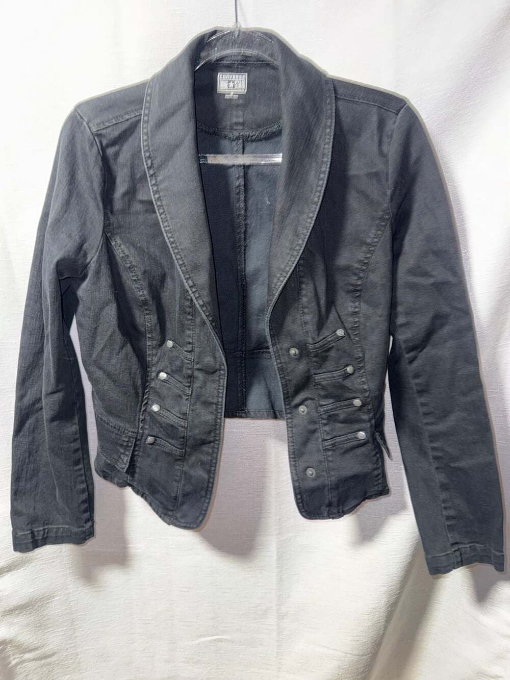 Converse One Star Black Washed Denim Military Style Cropped Jacket